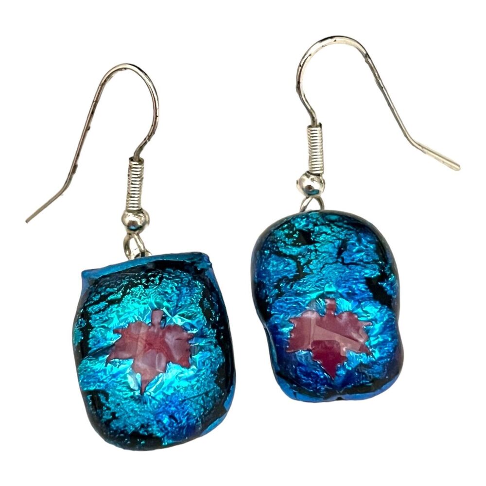 Vintage 1980s Art Glass Maple Leaf Earrings Iridescent Turquoise Dangle - 5Y